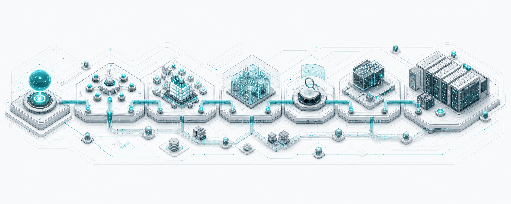 The Visca lifecycle shown as one connected factory from objective through planning, building, verification, approval, deployment, and operation