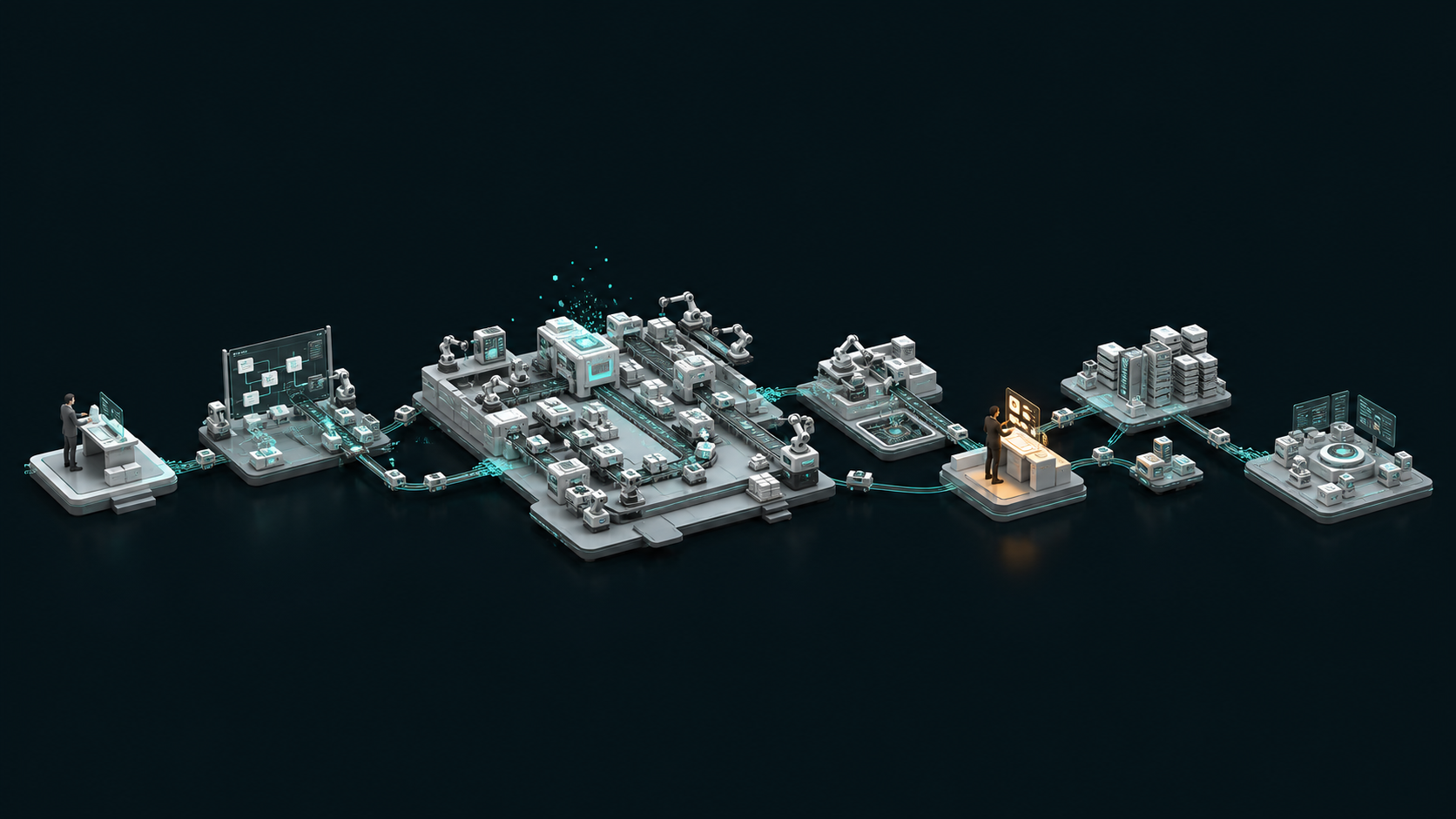 A Visca autonomous software factory moving an objective through planning, coordinated building, verification, human approval, deployment, and ongoing operation