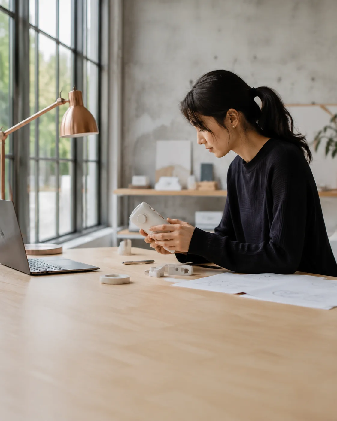 A product engineer reviewing a physical prototype at a sunlit studio desk