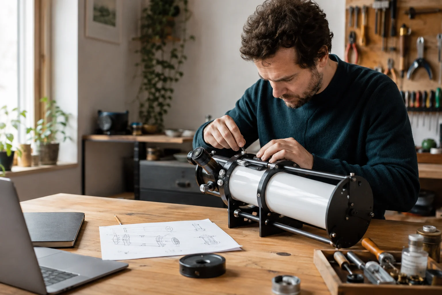 A hobbyist assembling a telescope at a home workbench