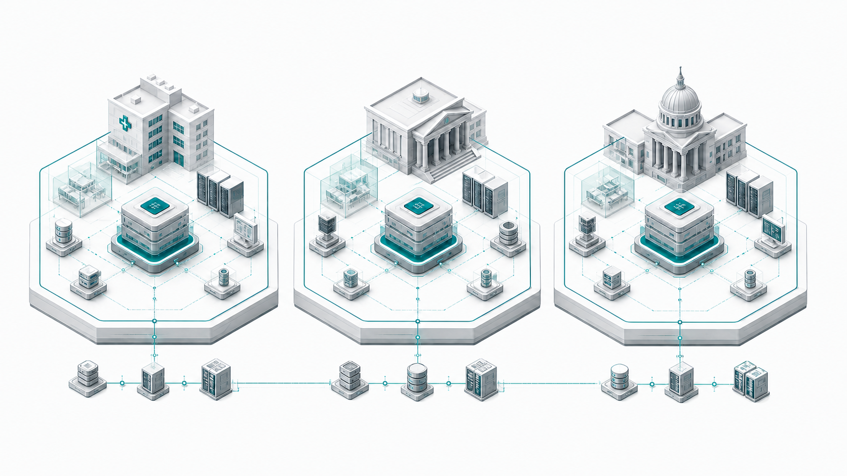 The same Visca software factory architecture installed independently inside hospital, bank, and government networks