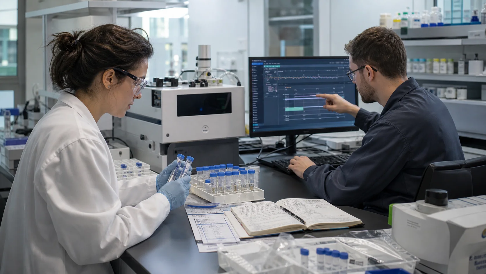 A scientist and an engineer reconciling samples, an instrument, a notebook, and a digital experiment timeline