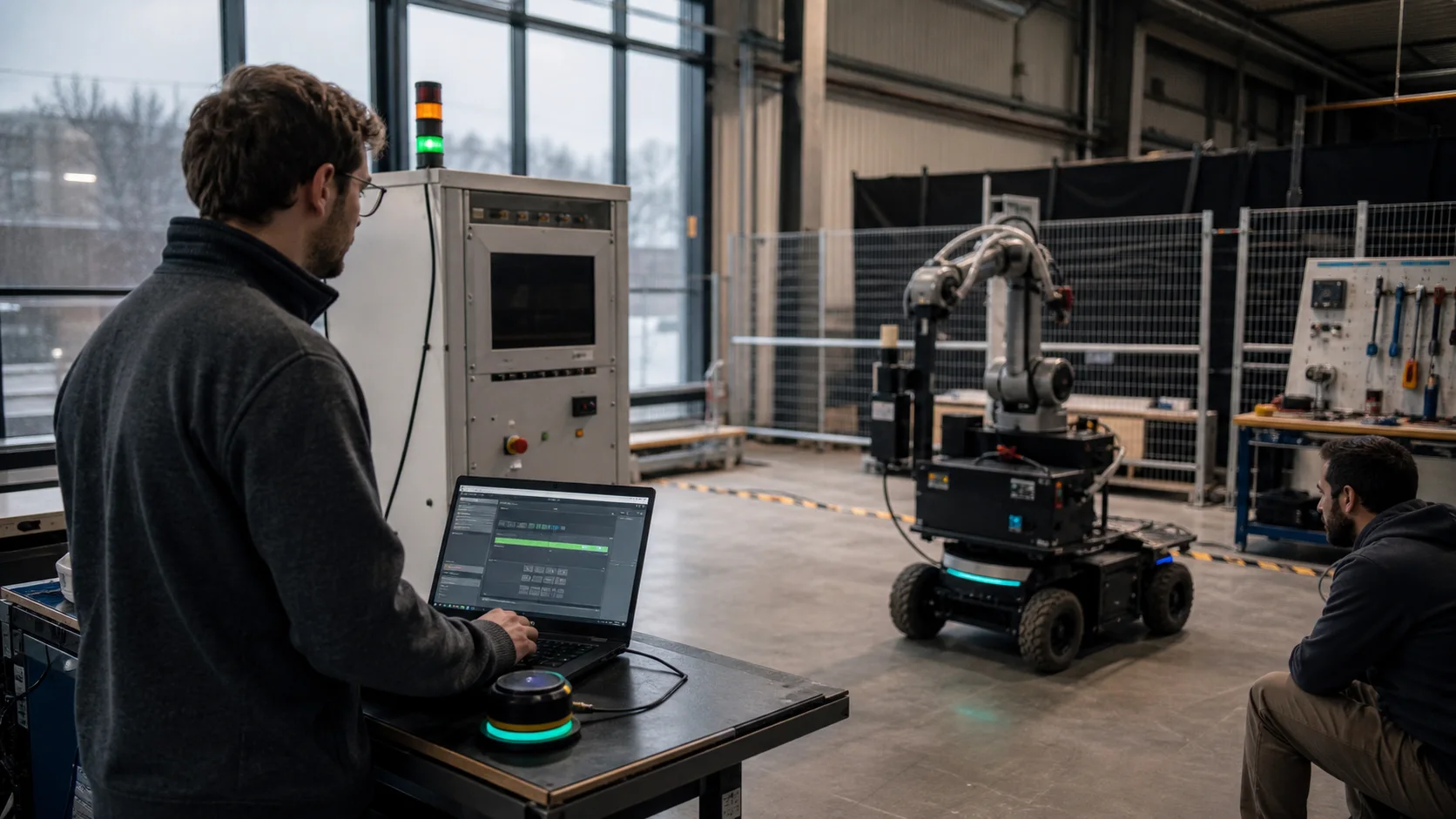 An engineer authorizing a bounded robot operation in an industrial test bay