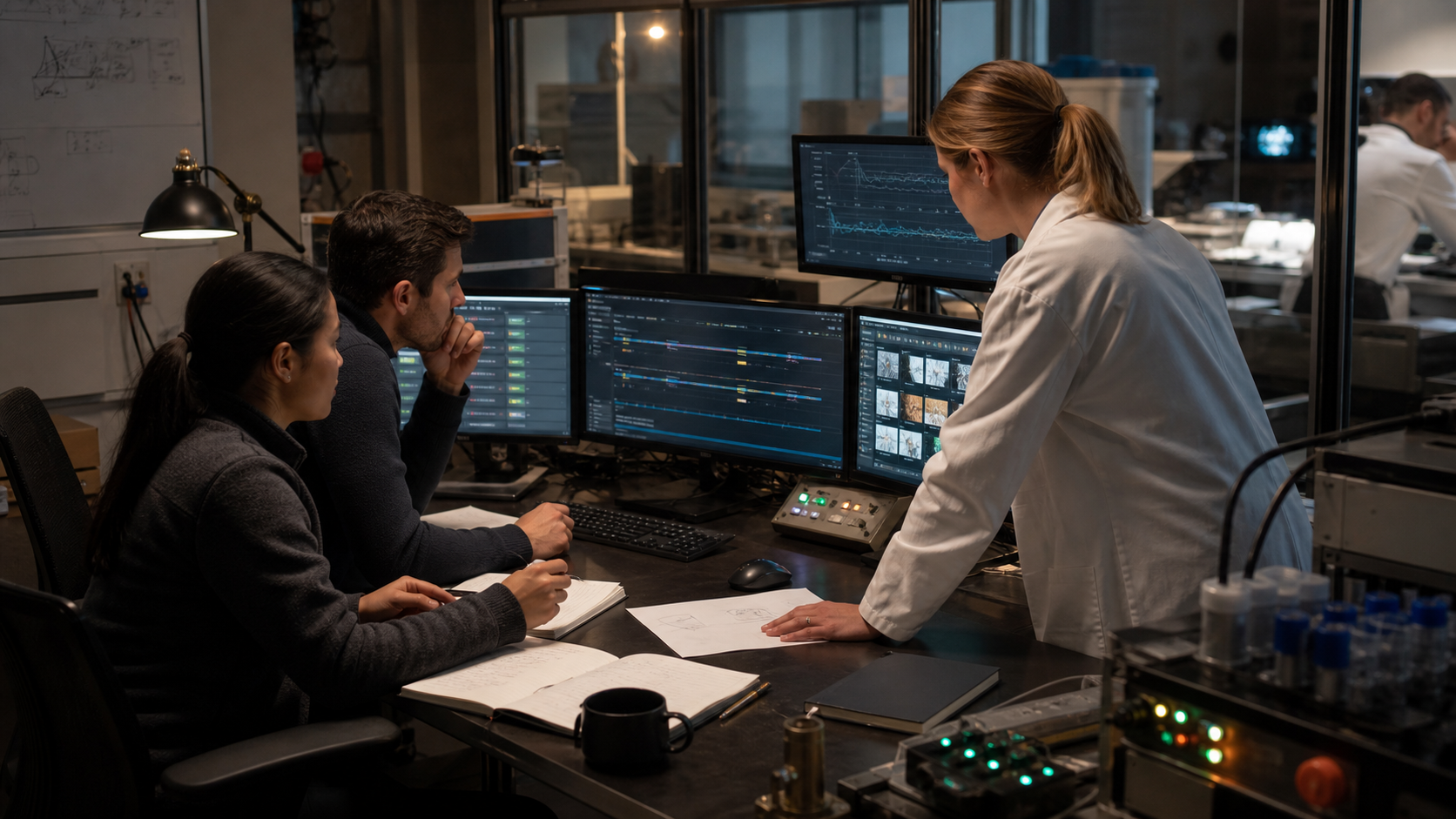 Scientists and operators supervising a long-running process together in a real research operations room