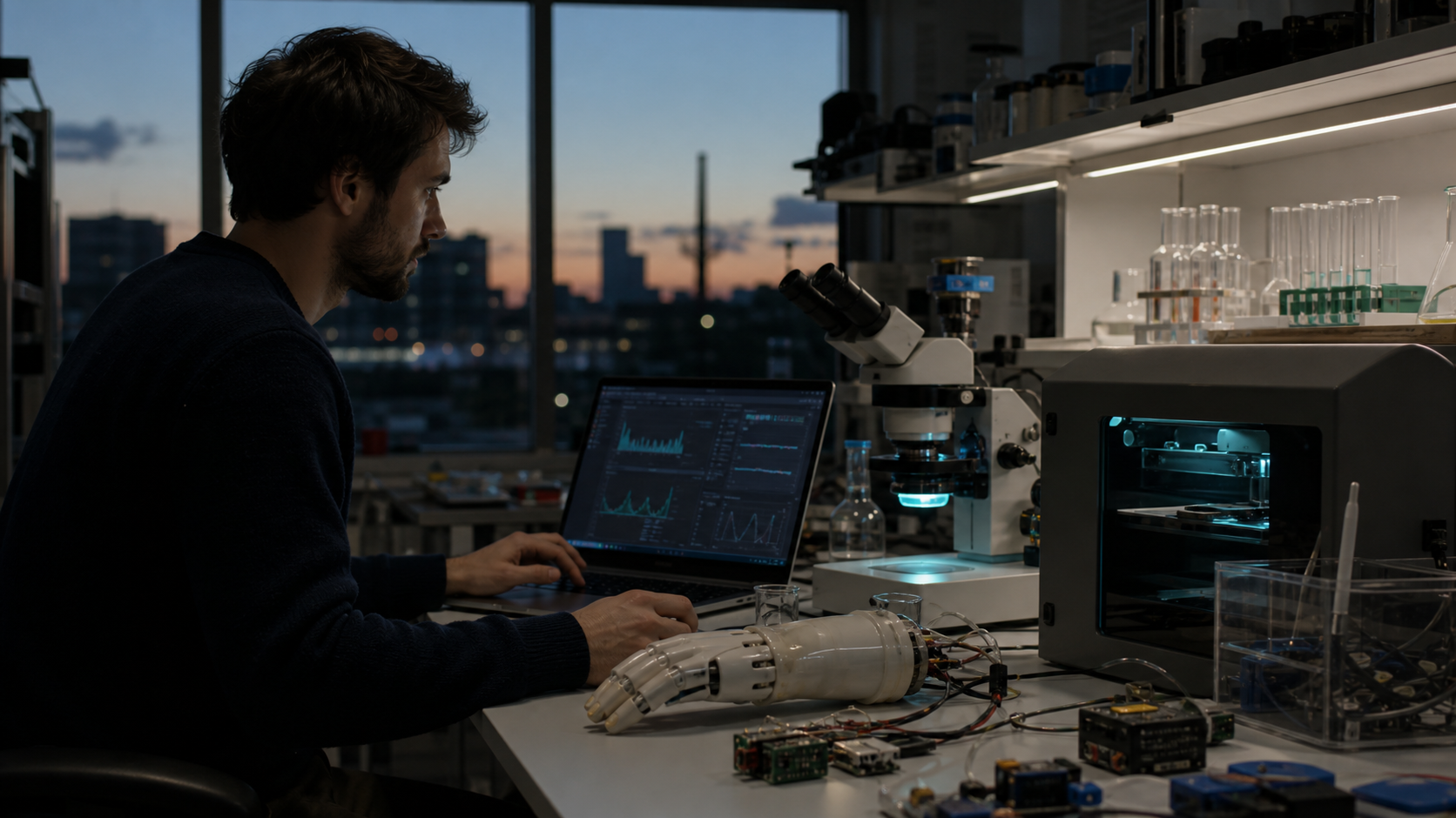 A researcher working across software, laboratory instruments, and a robotic hand prototype