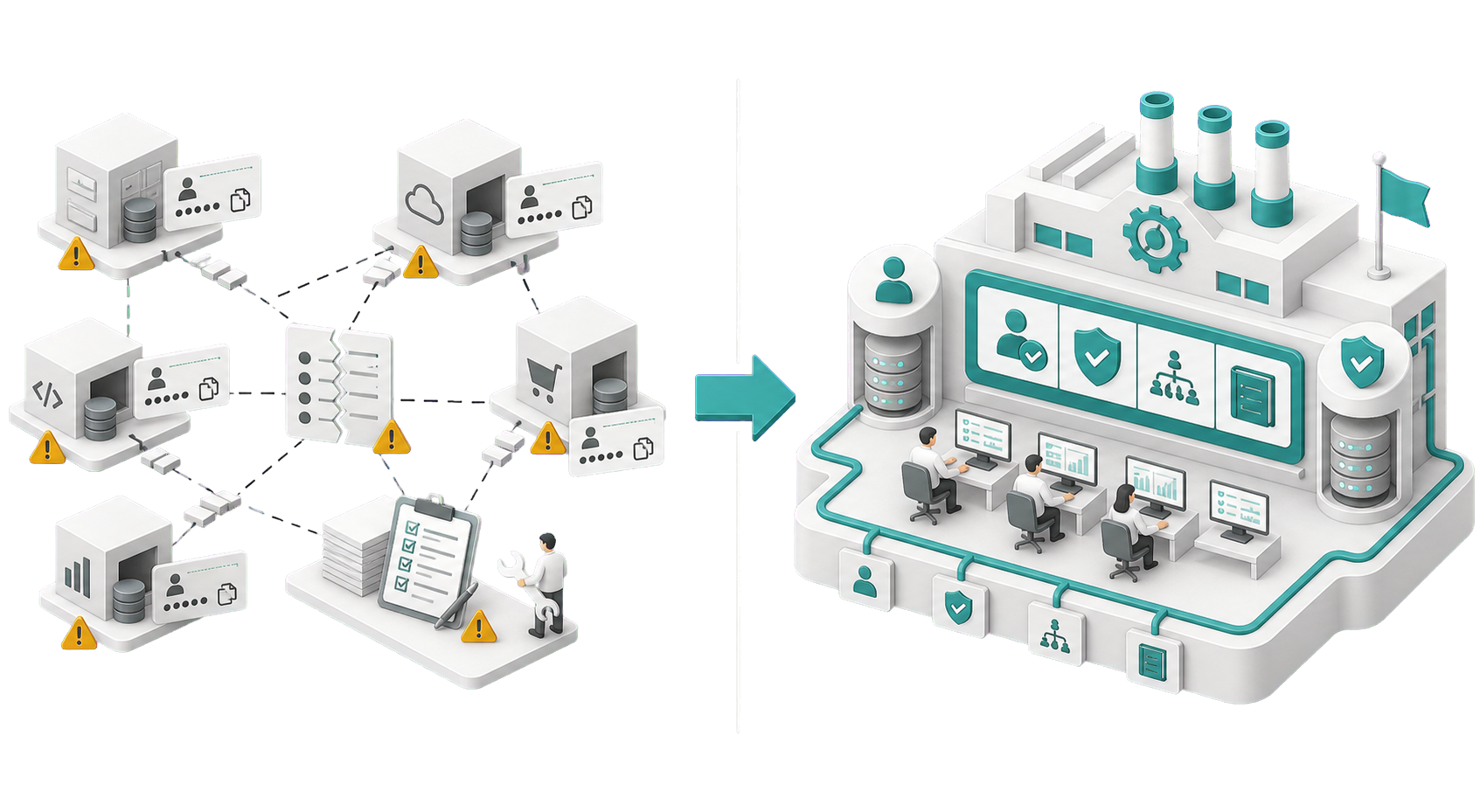 A stitched software stack compared with one unified governed factory