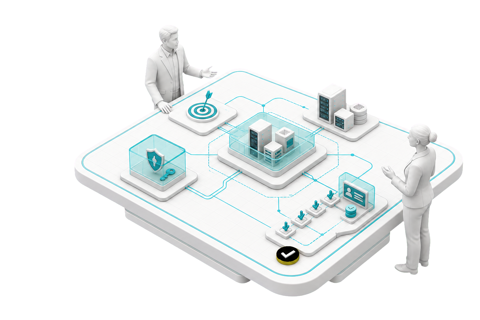 An institutional team scoping objectives, existing systems, network boundaries, governance controls, and the deployment path for a Visca software factory